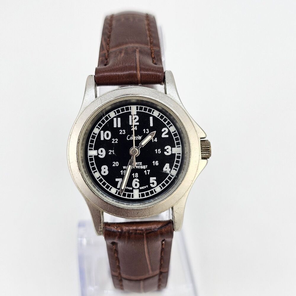 Collezio Field Women's Watch 28MM Black Dial New Brown Leather Bands New Battery
